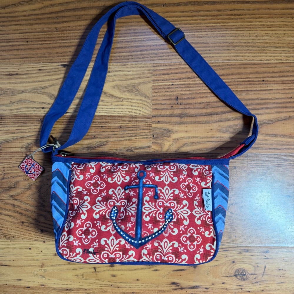 Paul Brent Nautical Anchor Canvas Crossbody Bag Red Blue Chevron Shoulder Bag